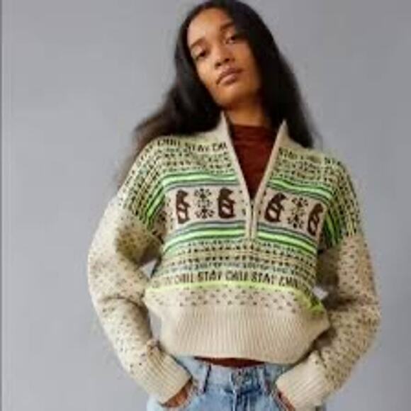 BDG Chill Stay Chill Fair Isle Cropped Sweater Beige/Brown/Neon Half-Zip Knit S - Picture 1 of 6